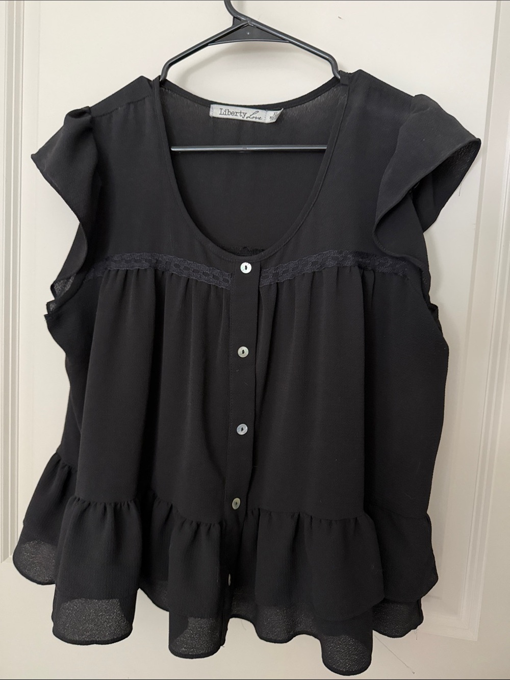 Liberty Love Black Ruffle Button-Front Blouse